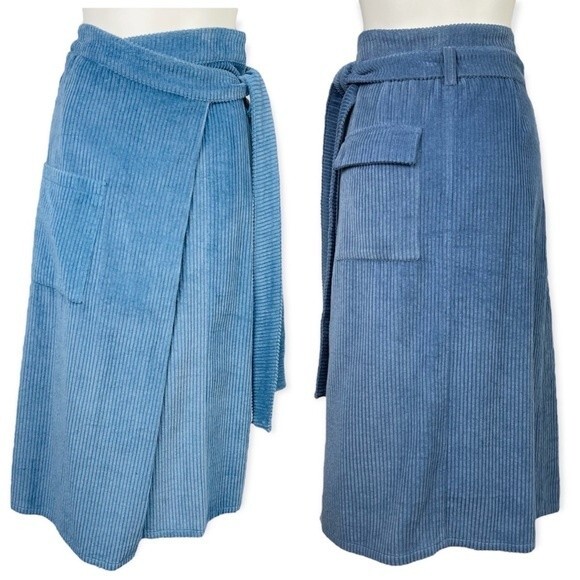 Deer and Flyer Light Blue Corduroy High Waist Cargo Utility Midi Wrap Skirt M - Picture 3 of 16
